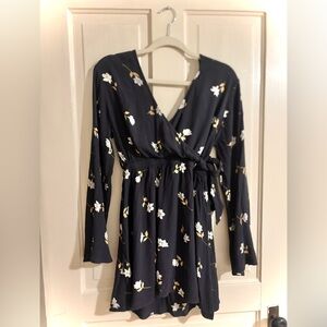Billabong Navy Floral Wrap Mini Dress Long Sleeve M